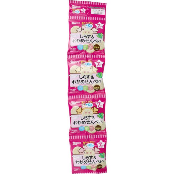 Wakodo Baby Snack + Ca – Whitebait & Wakame Rice Crackers, 5 g × 4 Packs
