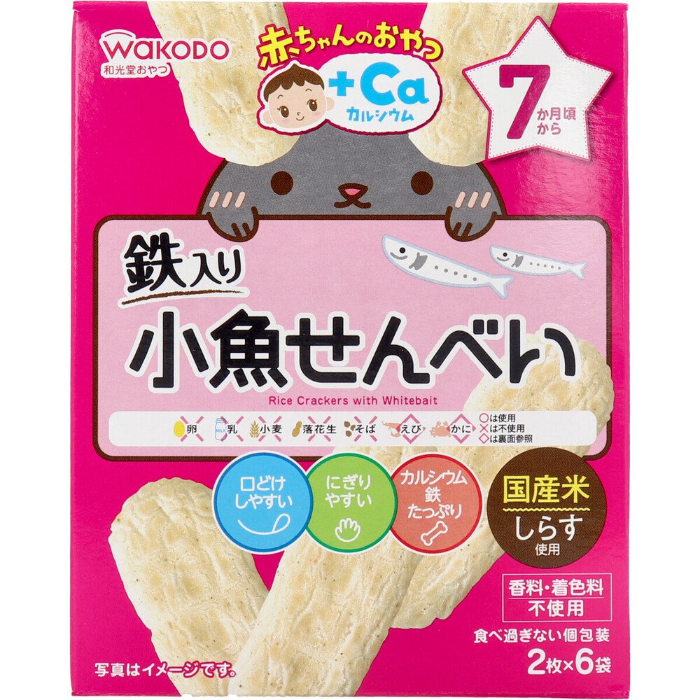 Wakodo Baby Snack +Ca – Small Fish Senbei, 2 Pieces × 6 Packs