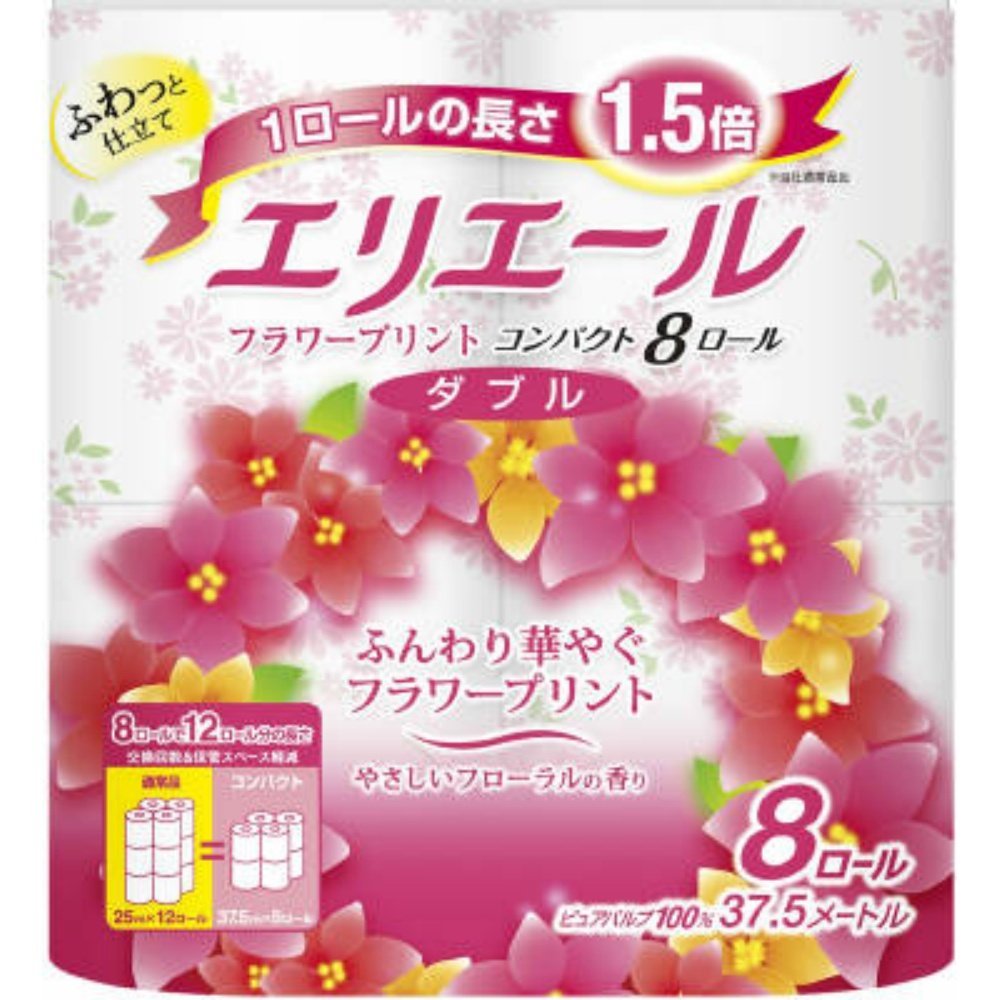 Elleair Toilet Tissue, Flower Print, Compact 8R (Double)
