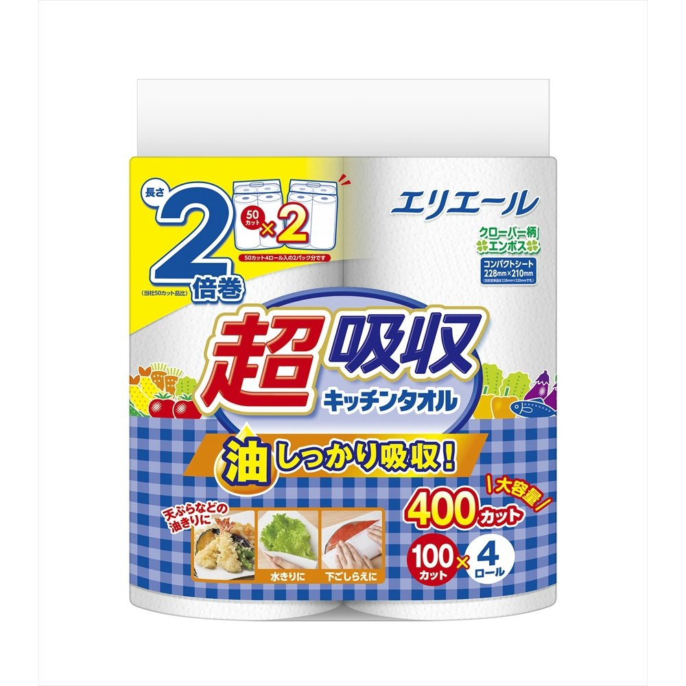 Elleair Super Absorbent Kitchen Towels 4 Rolls (100 sheets)